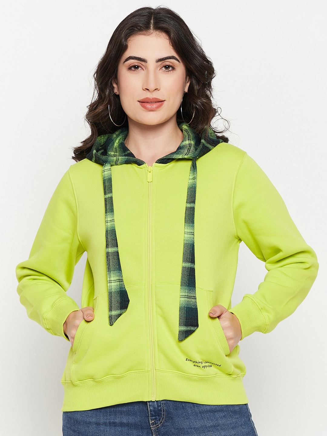 

Madame Hooded Cotton Front Open Sweatshirts, Lime green