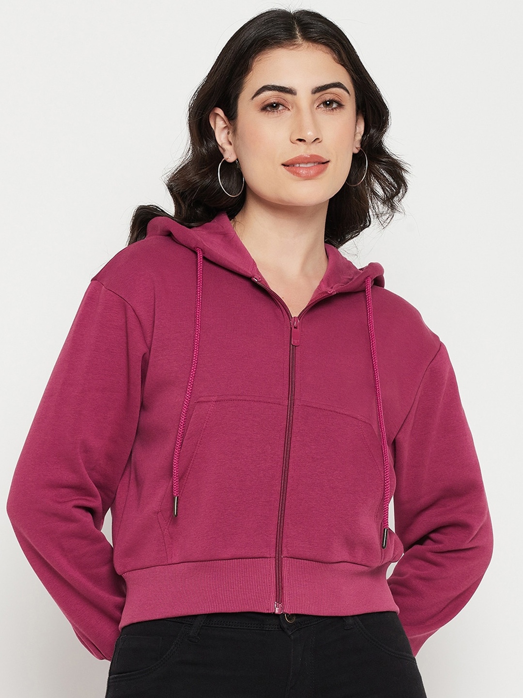 

Madame Hooded Cotton Crop Front Open Sweatshirts, Purple