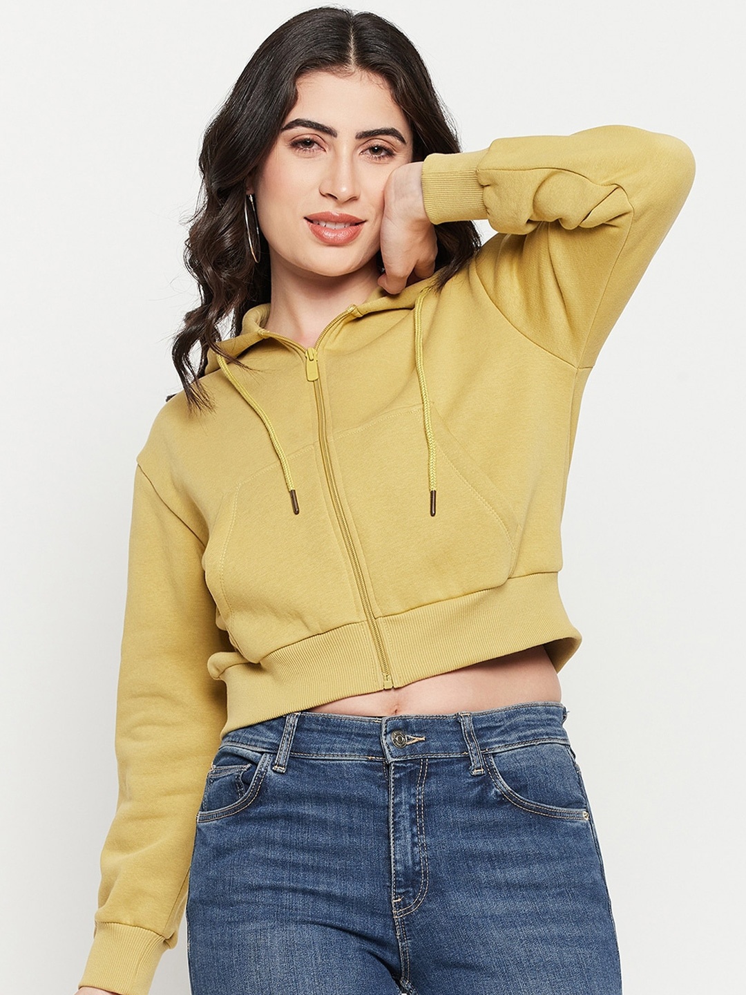 

Madame Hooded Front-Open Cotton Sweatshirt, Lime green