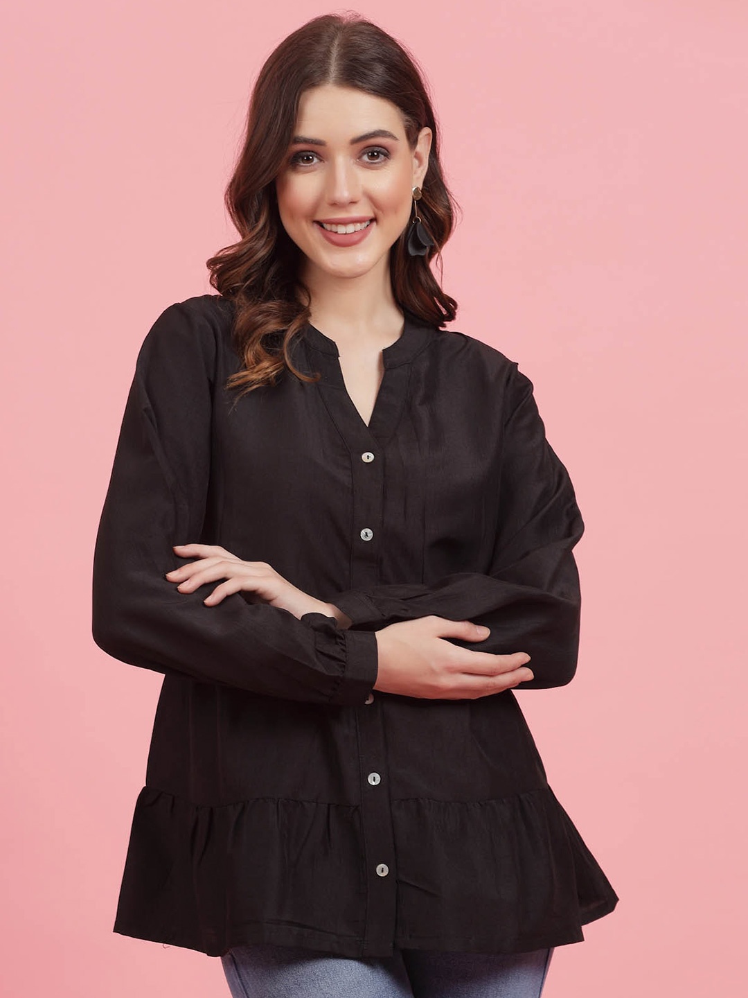 

plusS Black Mandarin Collar Gathered Shirt Style Top