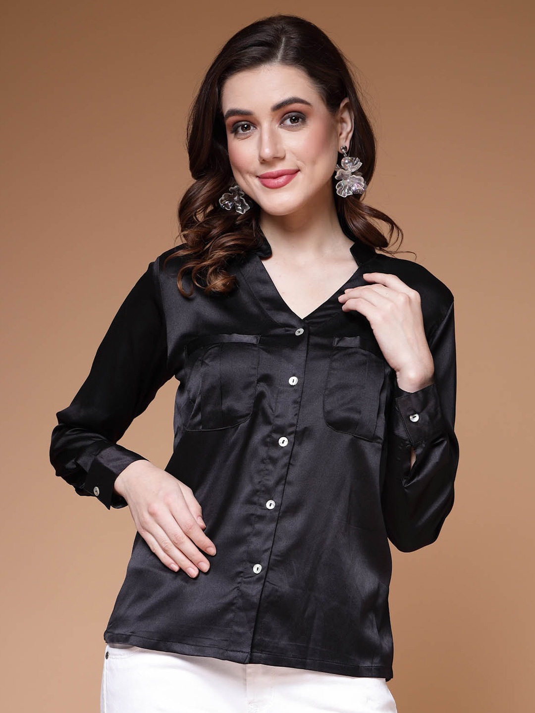 

plusS Black Mandarin Collar Cuffed Sleeves Shirt Style Regular Top