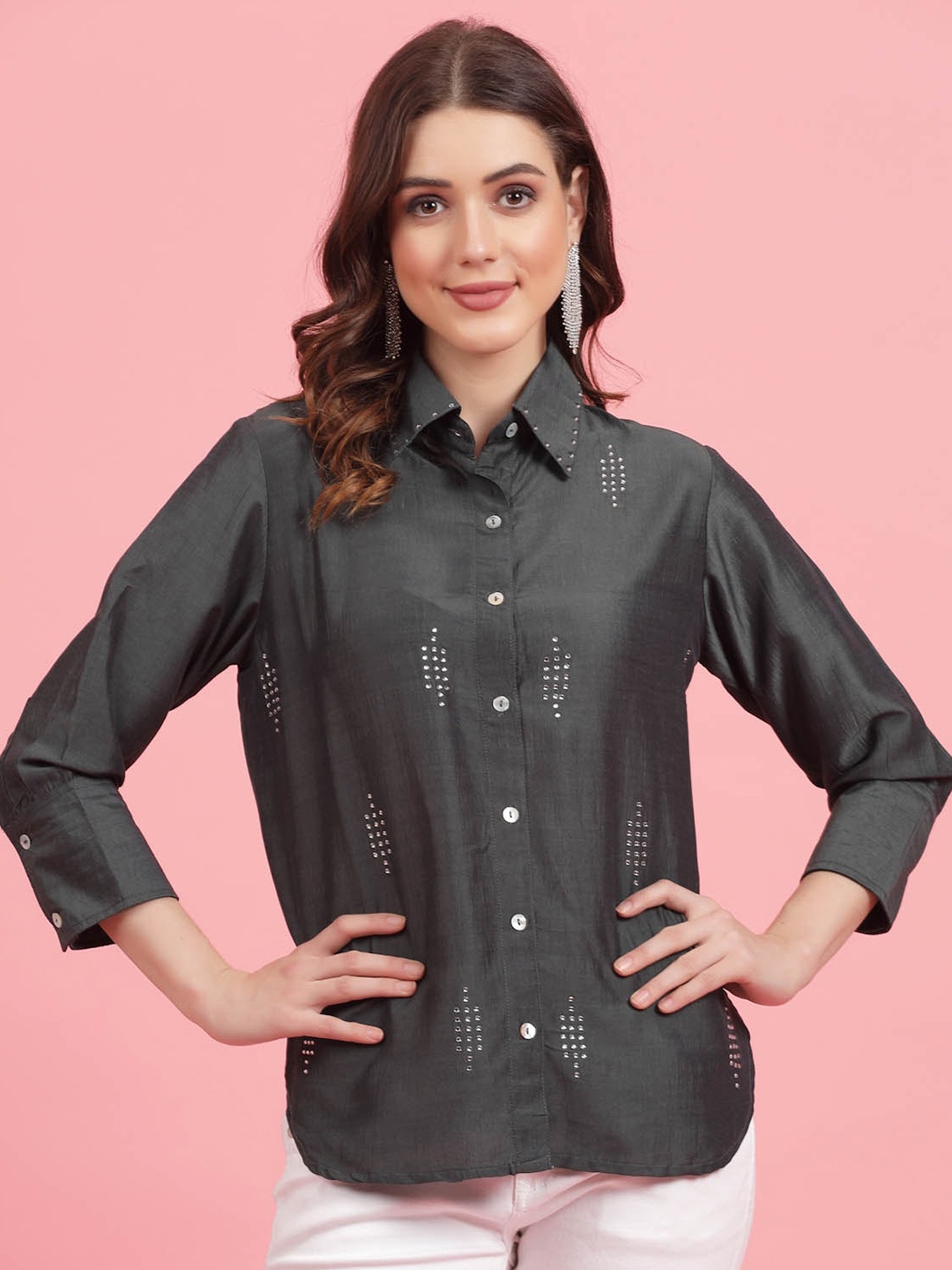 

plusS Charcoal Embellished Spread Collar Casual Shirt