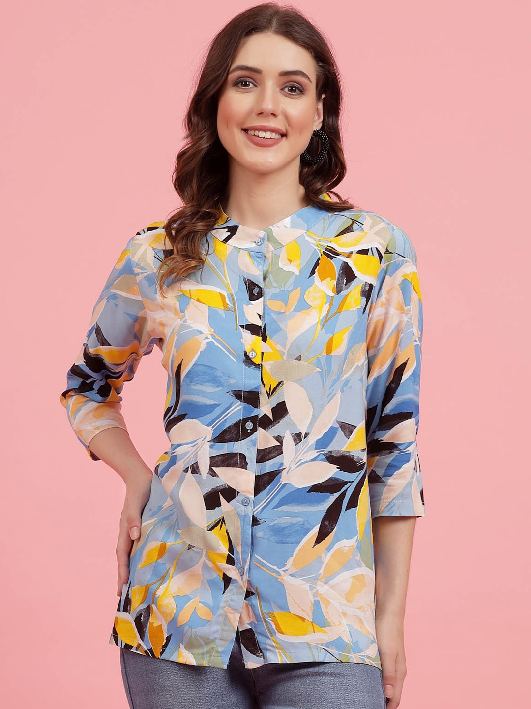 

plusS Blue & Yellow Floral Printed Band Collar Shirt Style Top