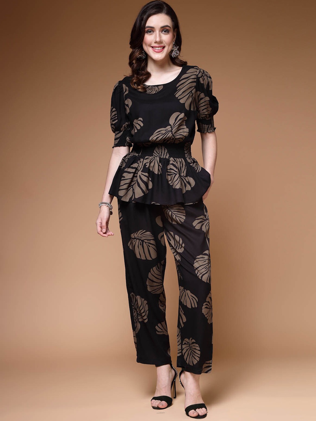 

plusS Black Floral Printed Top & Trouser