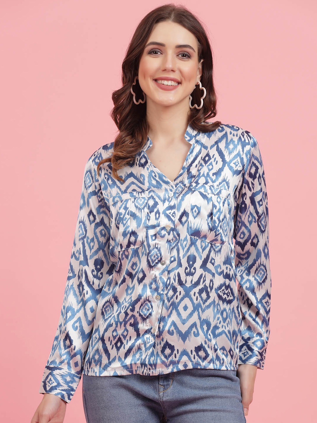 

plusS Ethnic Motifs Printed Mandarin Collar Cuffed Sleeves Shirt Style Top, Blue