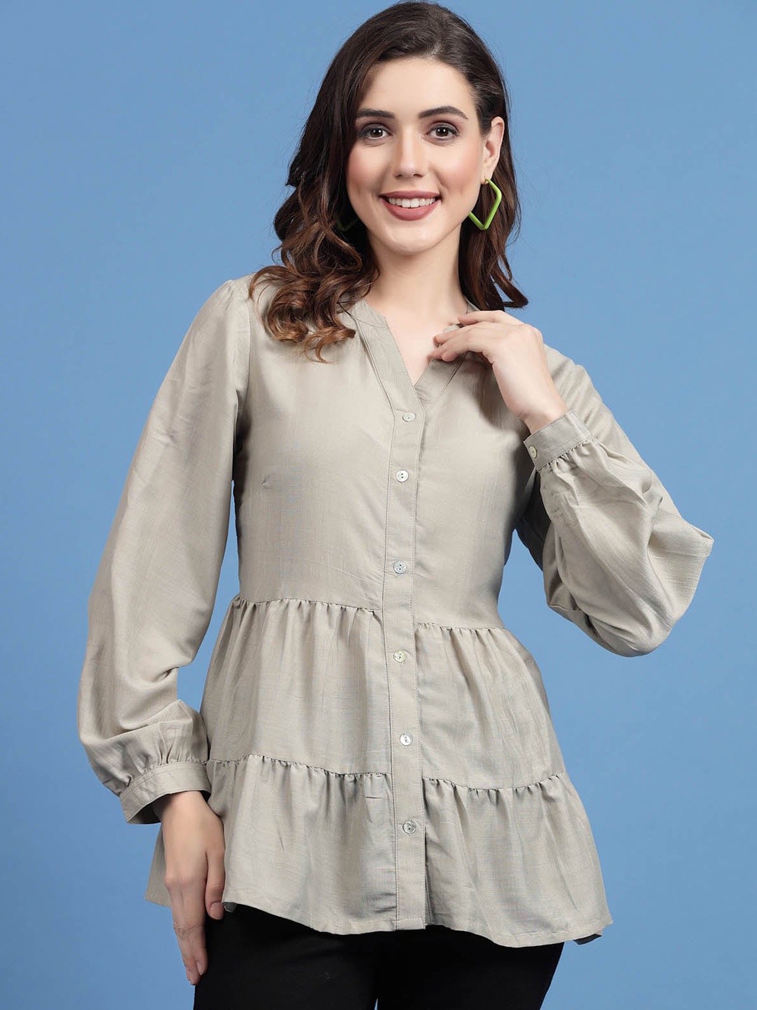 

plusS Mandarin Collar Cuffed Sleeves Gathered Detail Peplum Top, Grey