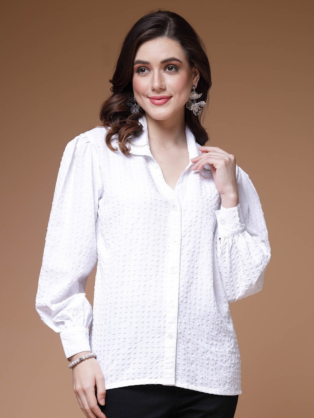 

plusS Self Design Spread Collar Long Sleeve Casual Shirt, White