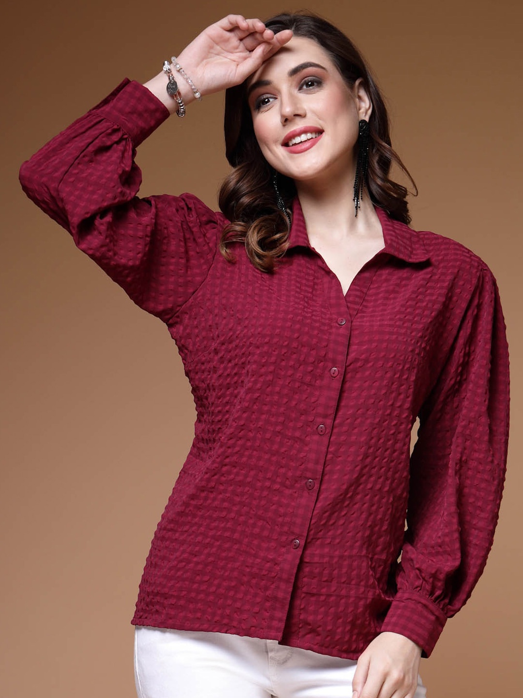 

plusS Self Design Spread Collar Long Sleeve Casual Shirt, Fuchsia