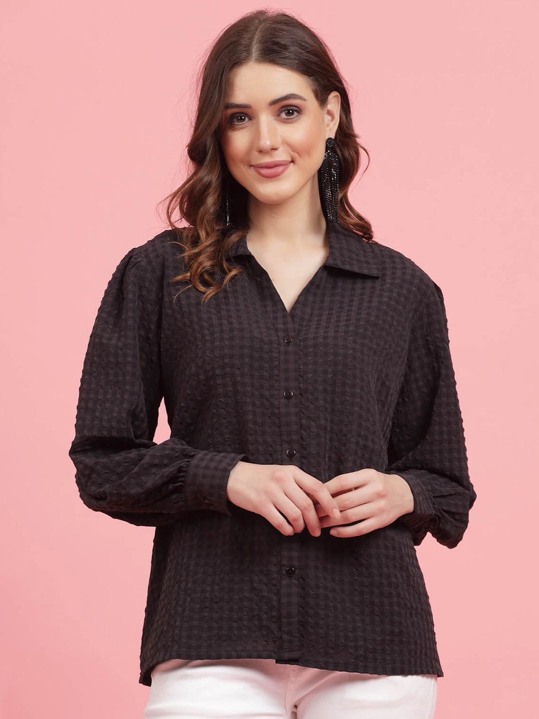 

plusS Self Design Spread Collar Long Sleeve Casual Shirt, Black
