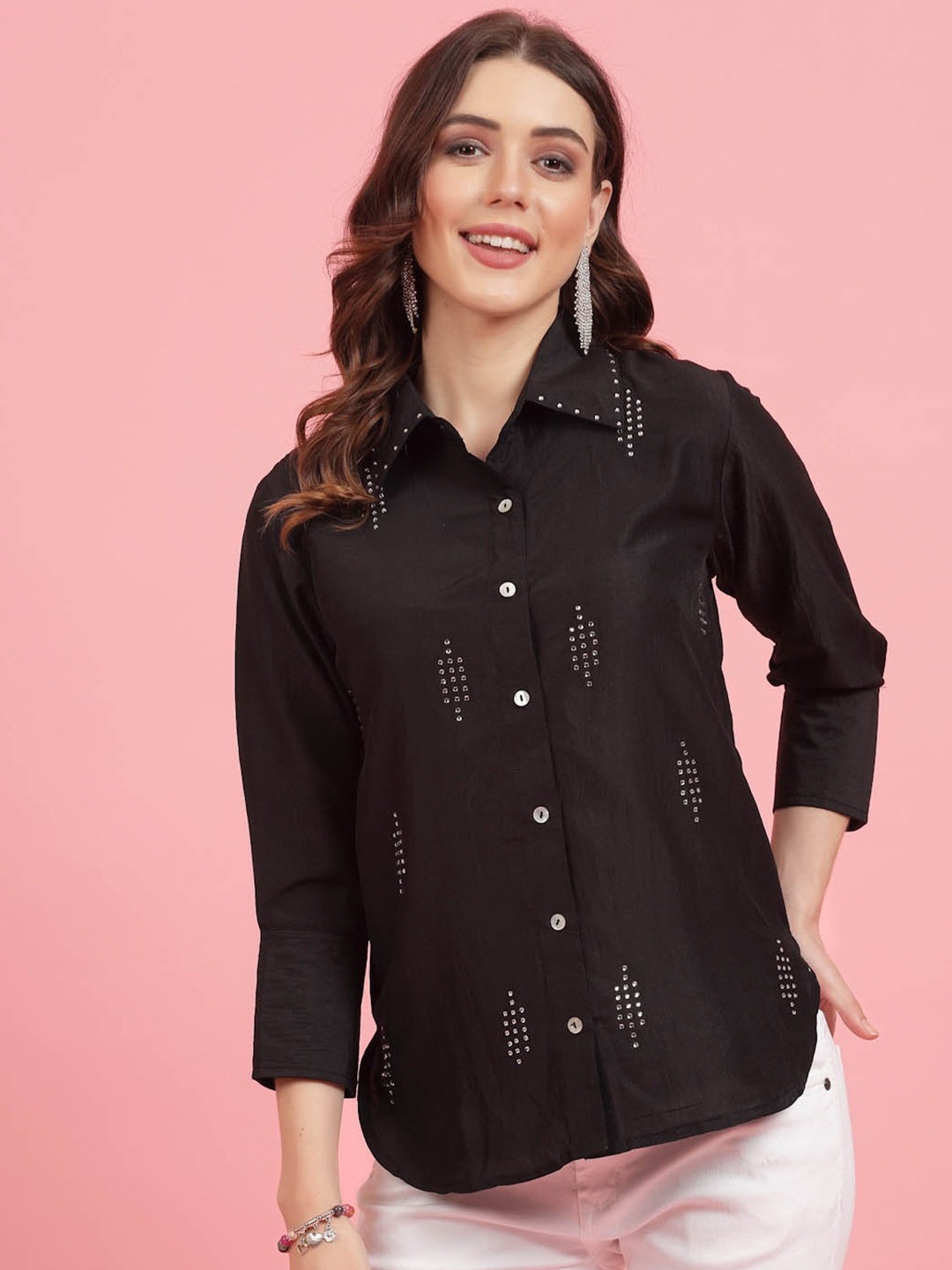 

plusS Charcoal Embellished Spread Collar Casual Shirt, Black