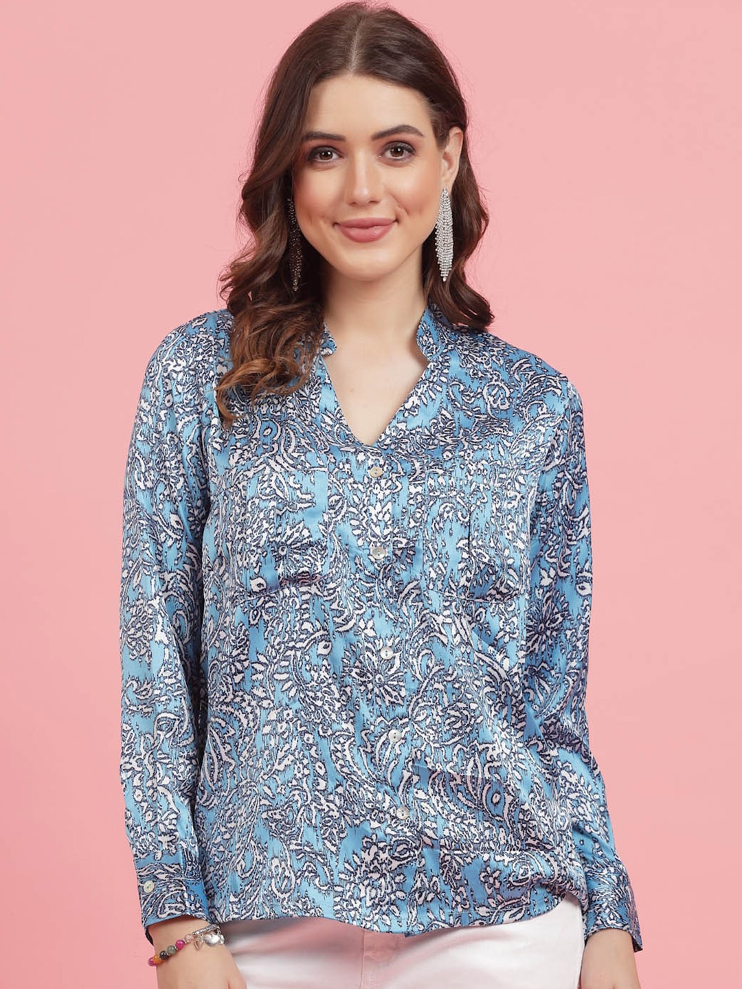 

plusS Floral Printed Mandarin Collar Cuffed Sleeves Shirt Style Top, Blue