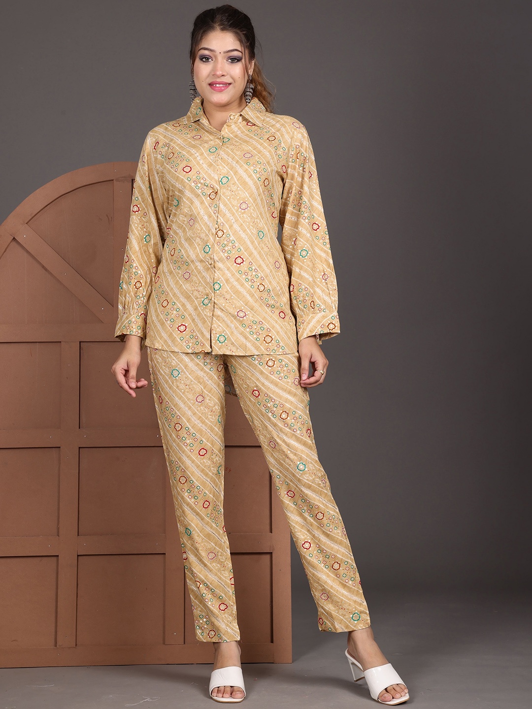

KALINI Printed Shirt With Trousers Co-Ords, Brown