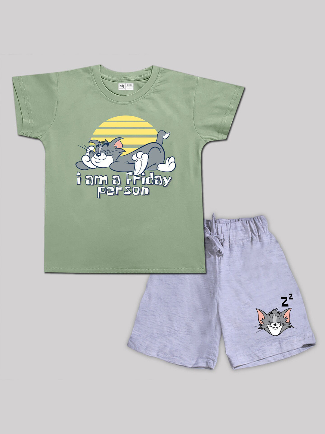 

Minute Mirth Boys Tom Printed Pure Cotton T-shirt with Shorts, Olive