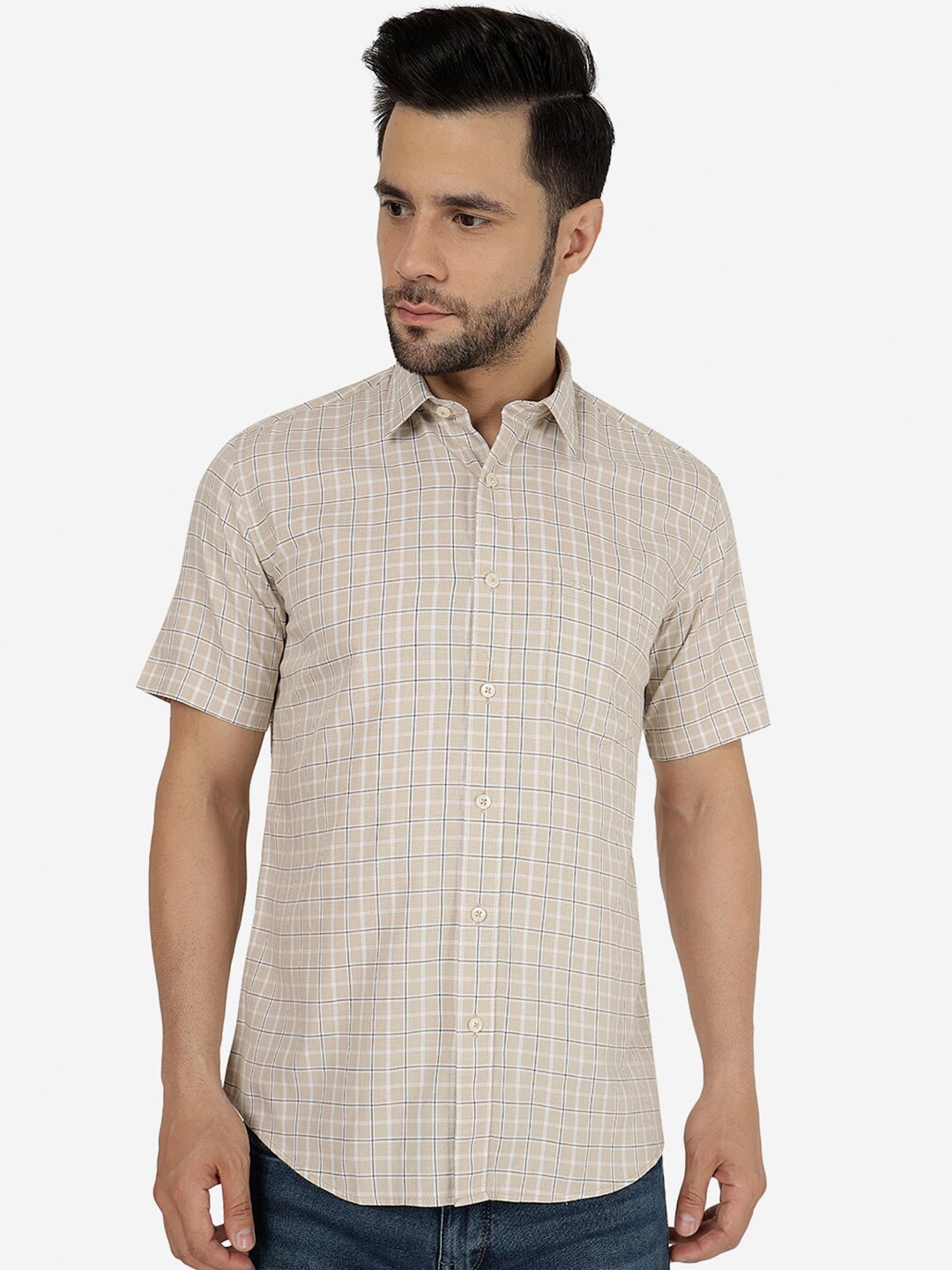 

JADE BLUE Slim Fit Checked Cotton Casual Shirt, Beige