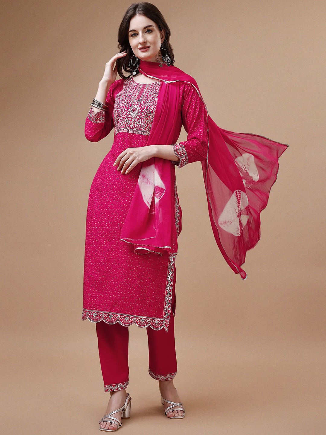 

KALINI Bandhani Printed Mirror Work Kurta With Trousers & Dupatta, Pink
