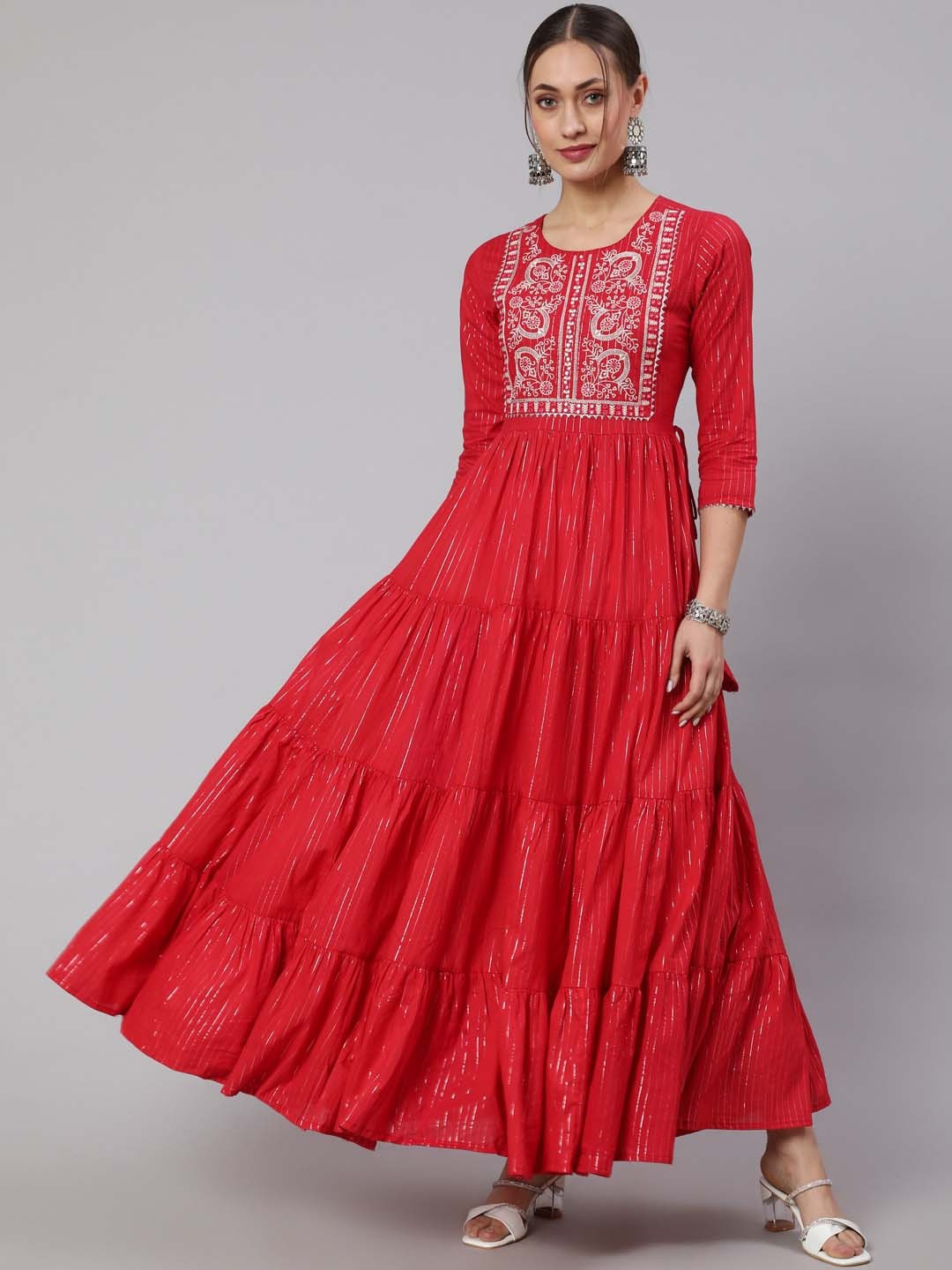 

GLAM ROOTS Ethnic Motifs Embroidered Anarkali Kurta, Red