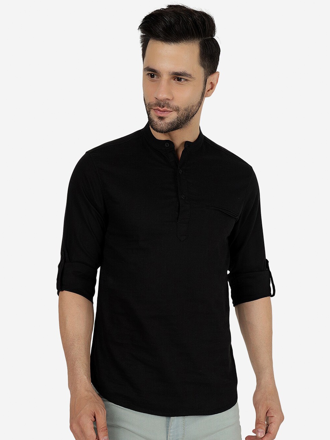 

Greenfibre Slim Fit Band Collar Roll-Up Sleeves Pocket Cotton Casual Shirt, Black