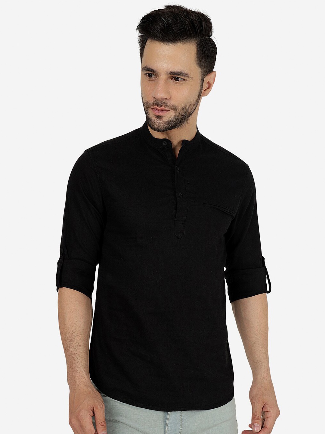 

Greenfibre Slim Fit Band Collar Roll-Up Sleeves Pocket Cotton Casual Shirt, Black