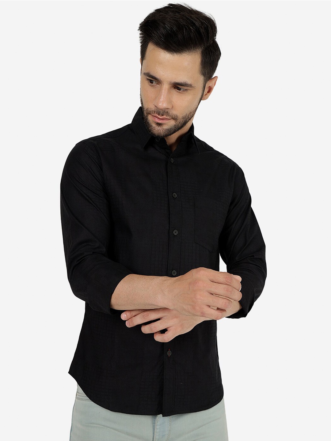

Greenfibre Slim Fit Spread Collar Long Sleeve Pocket Cotton Casual Shirt, Black