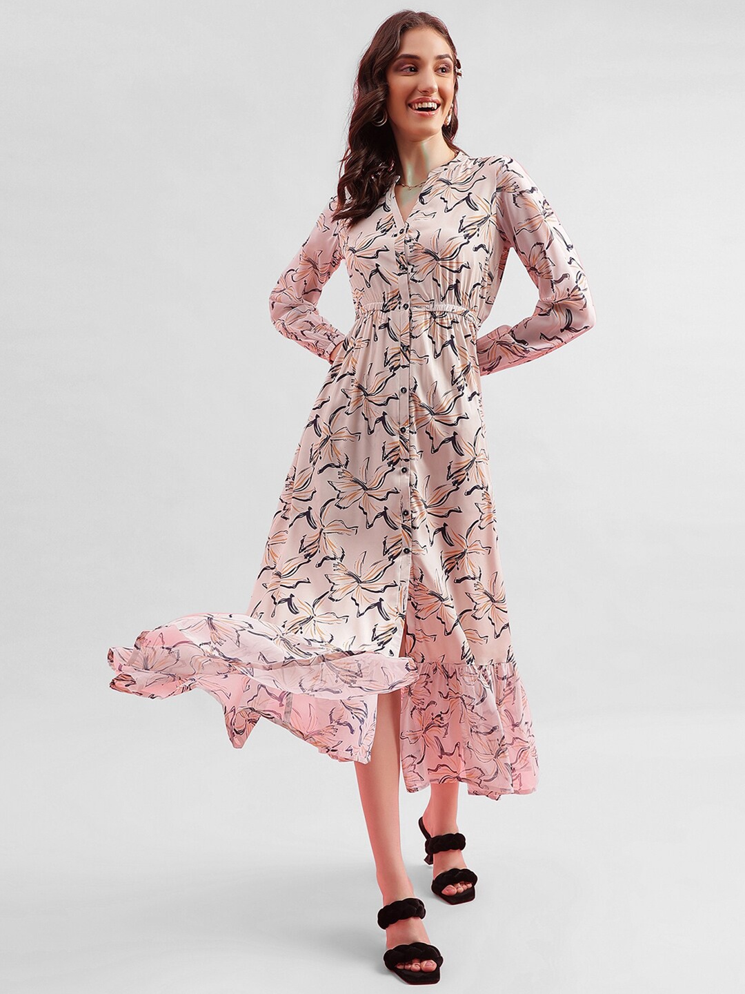 

Selvia Floral Printed Mandarin Collar Gathered Midi Shirt Dress, Beige