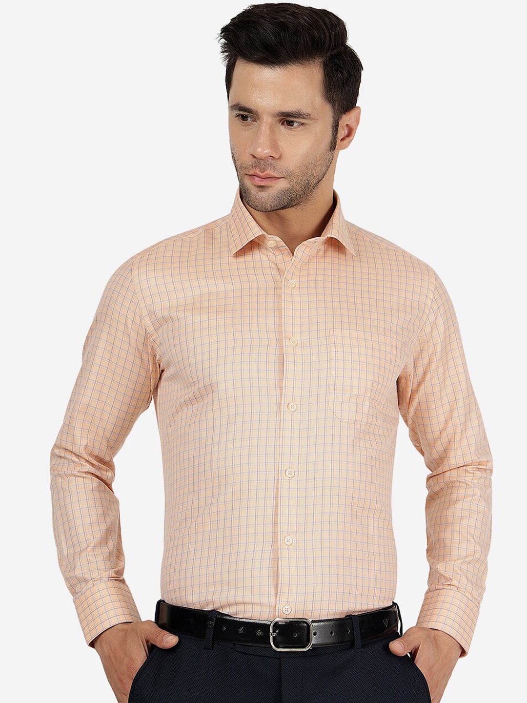 

Greenfibre Grid Tattersall Checks Spread Collar Long Sleeve Formal Shirt, Orange