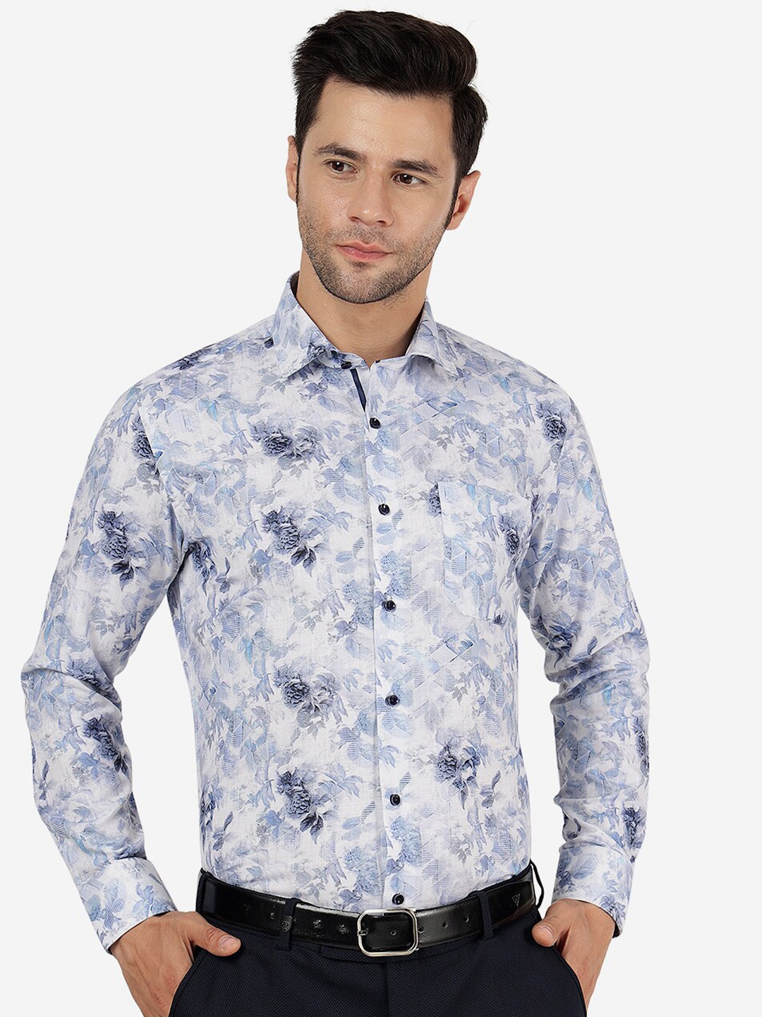 Greenfibre Slim Fit Floral Printed Cotton Casual Shirt, Blue