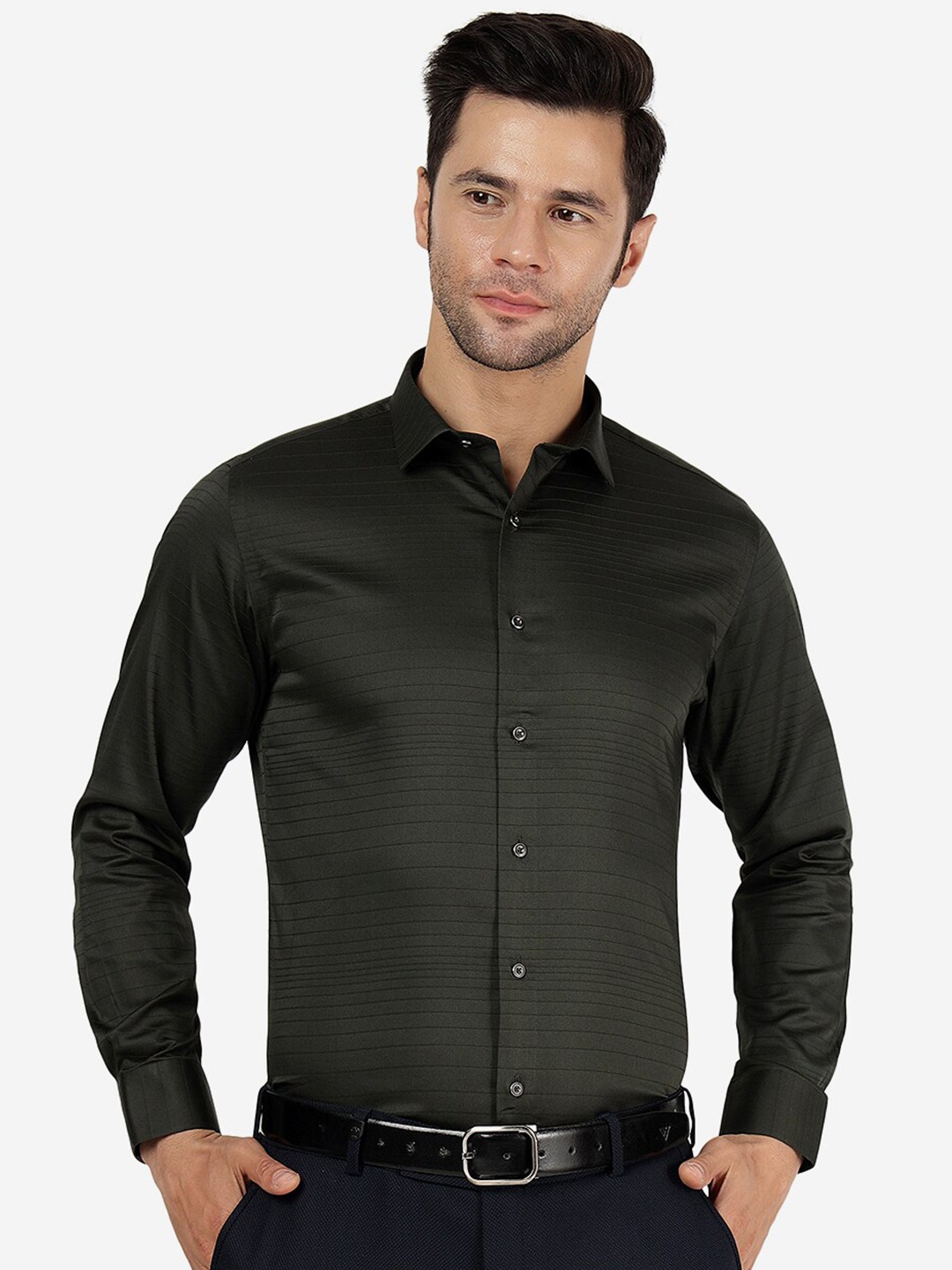 

Greenfibre Slim Fit Horizontal Stripes Cotton Formal Shirt, Olive