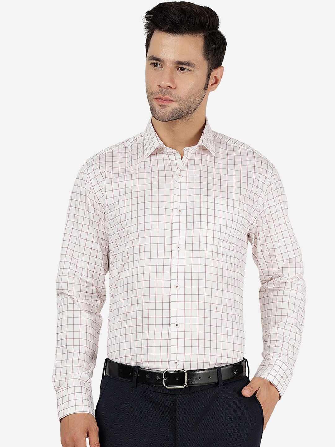 

JADE BLUE Grid Tattersall Checked Spread Collar Cotton Formal Shirt, White