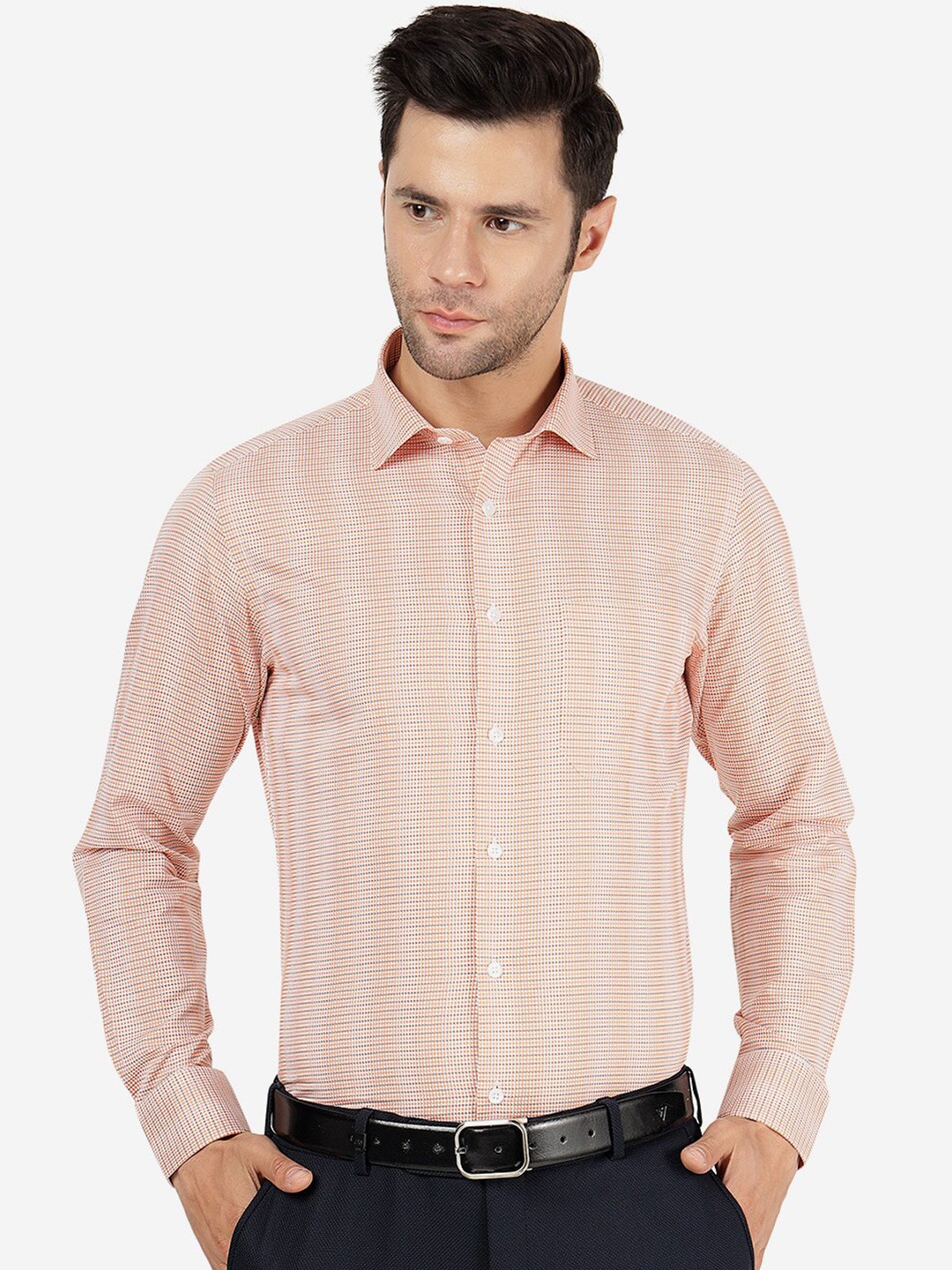 

METAL Micro Ditsy Printed Slim Fit Cotton Formal Shirt, Orange