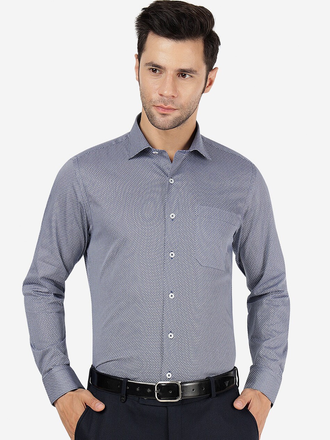 

METAL Micro Ditsy Printed Slim Fit Cotton Formal Shirt, Blue