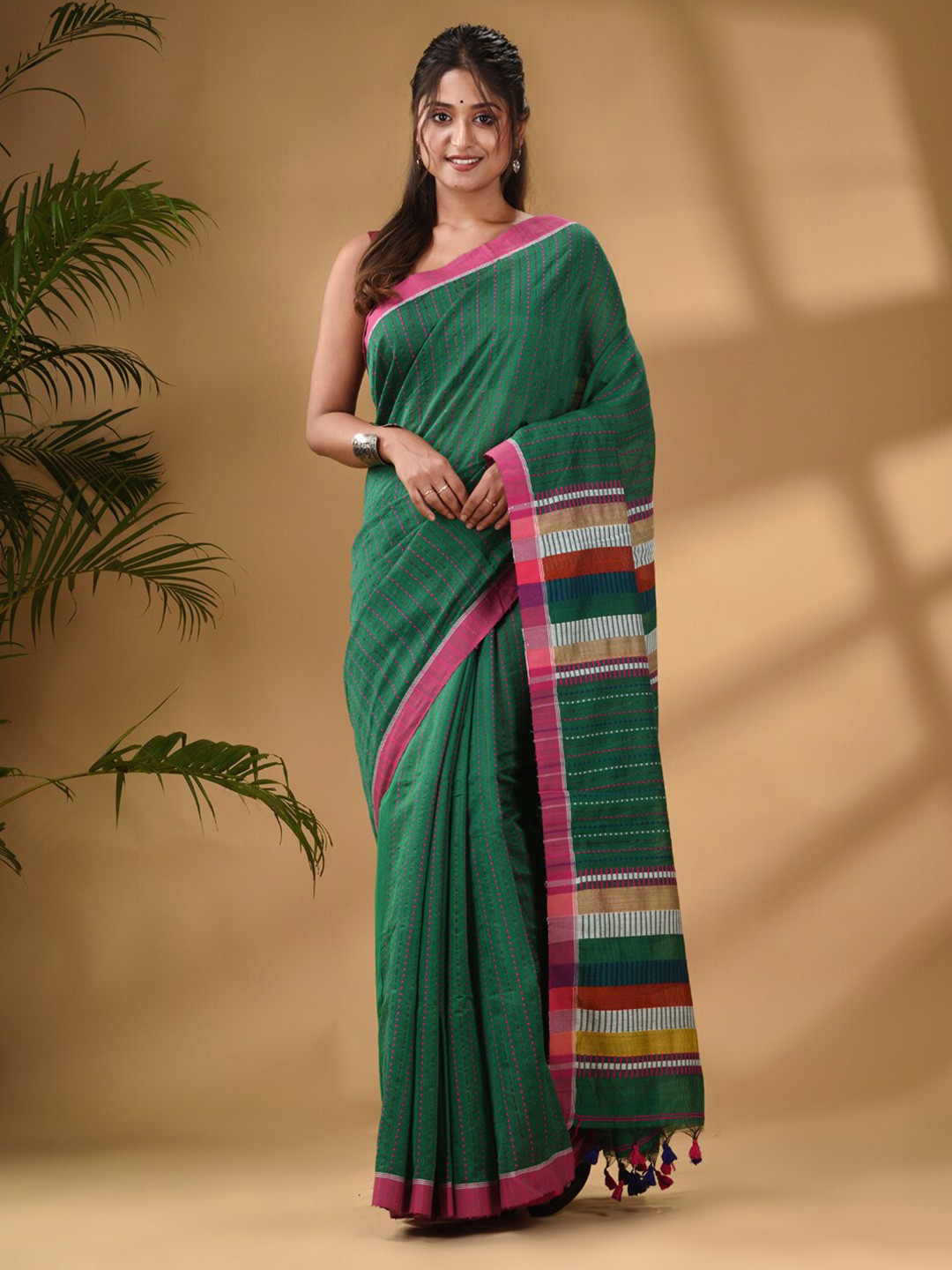 

Arhi Striped Silk Cotton Saree, Green