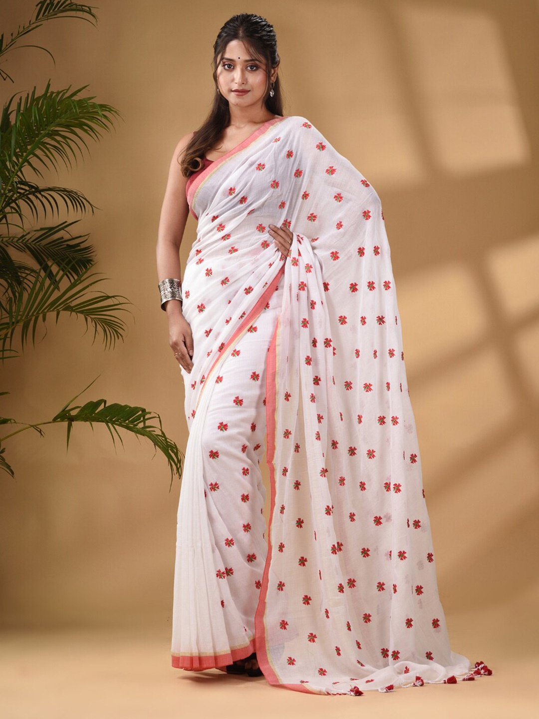 

Arhi White & Red Floral Embroidered Pure Cotton Saree