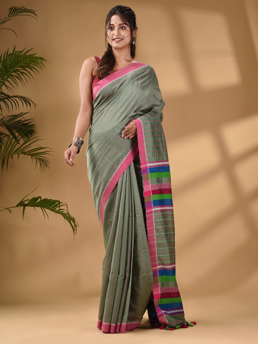 

Arhi Striped Silk Cotton Saree, Green