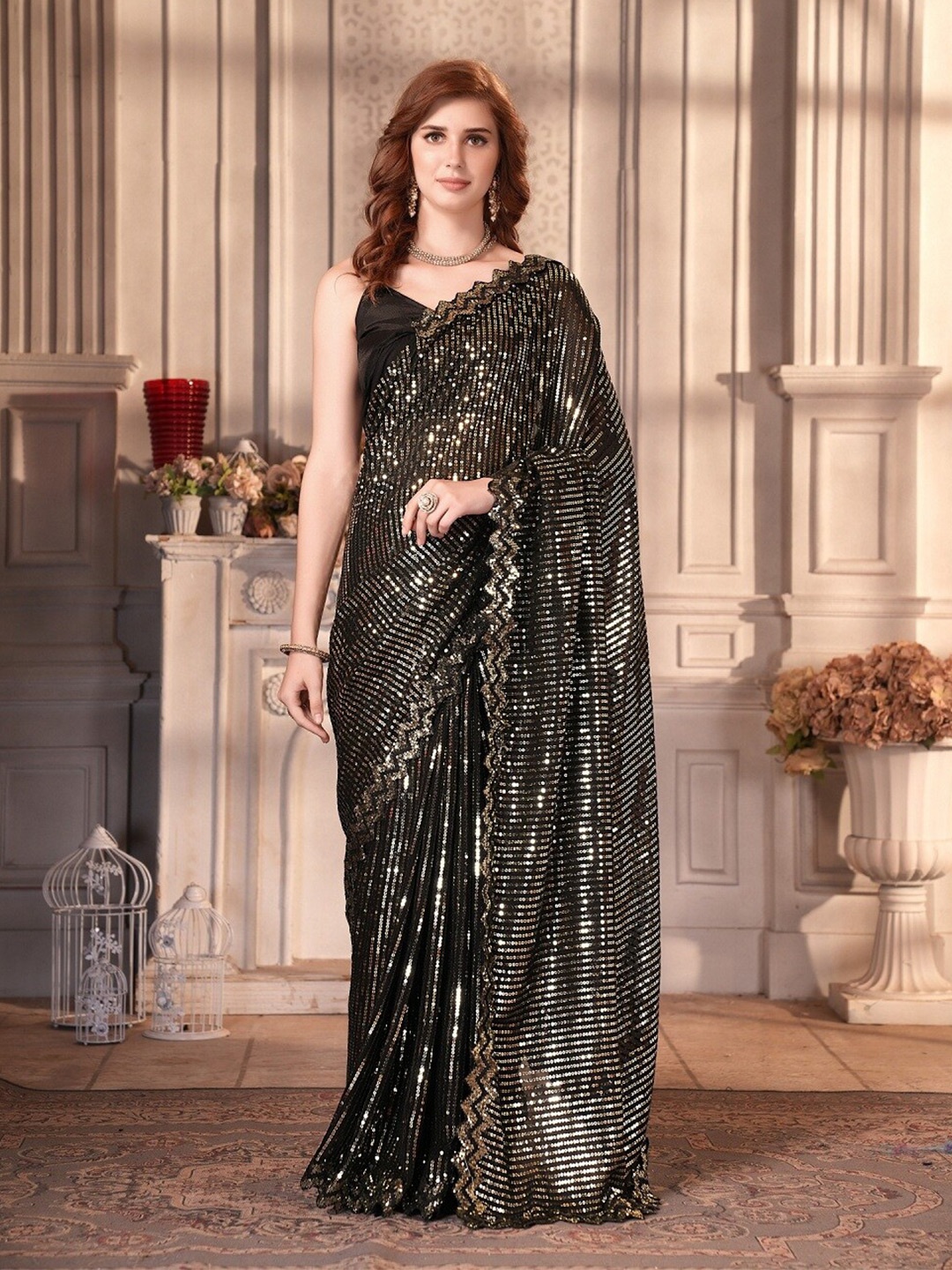 

APNISHA Embellished Sequinned Pure Georgette Saree, Black