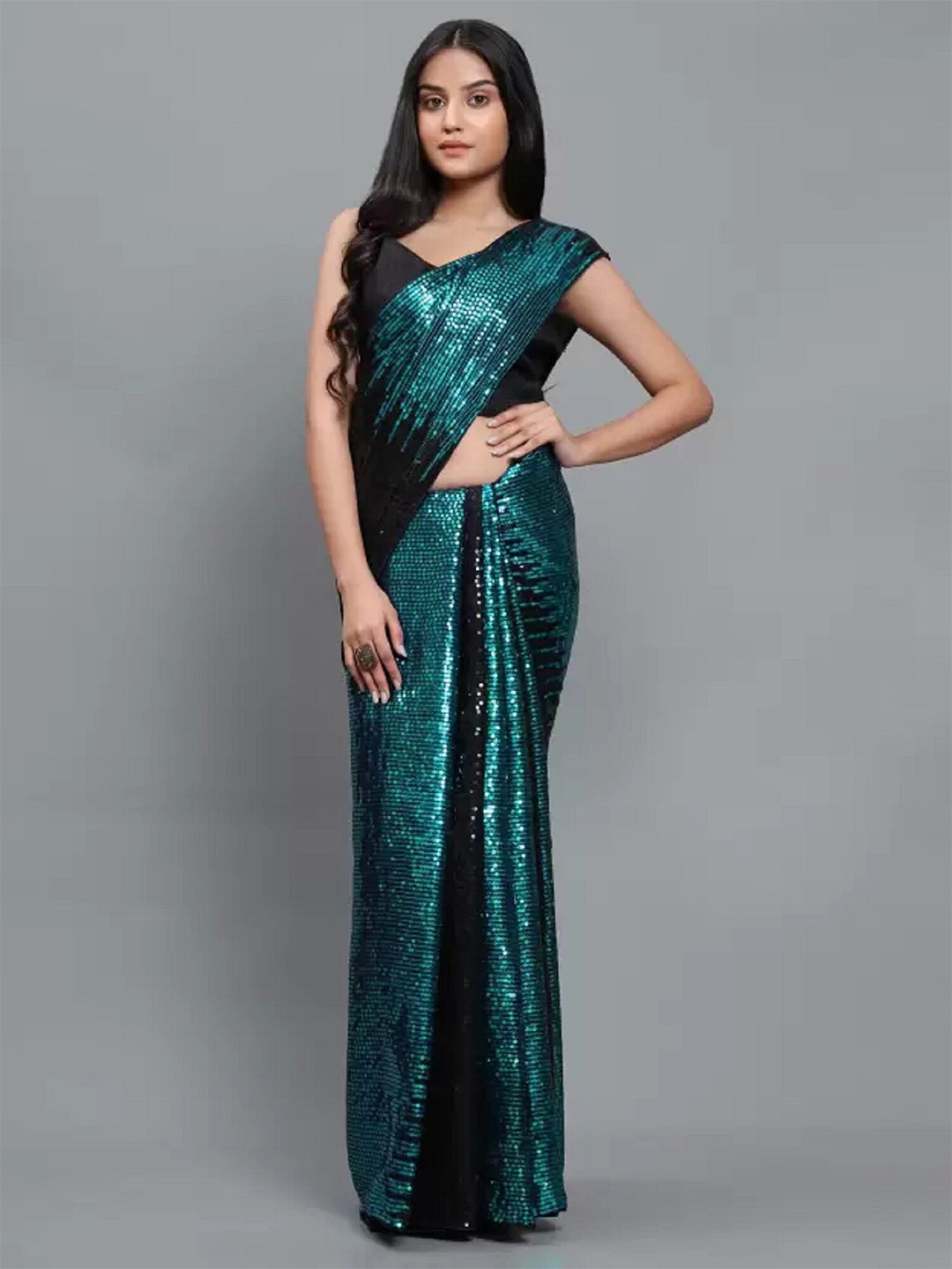 

APNISHA Embellished Sequinned Pure Georgette Saree, Turquoise blue