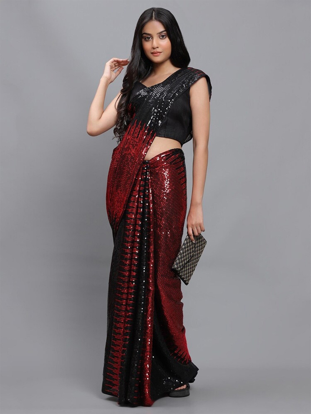 

APNISHA Embellished Sequinned Pure Georgette Saree, Red