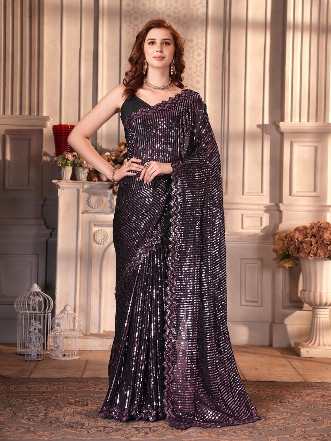 

APNISHA Embellished Sequinned Detailed Saree, Purple