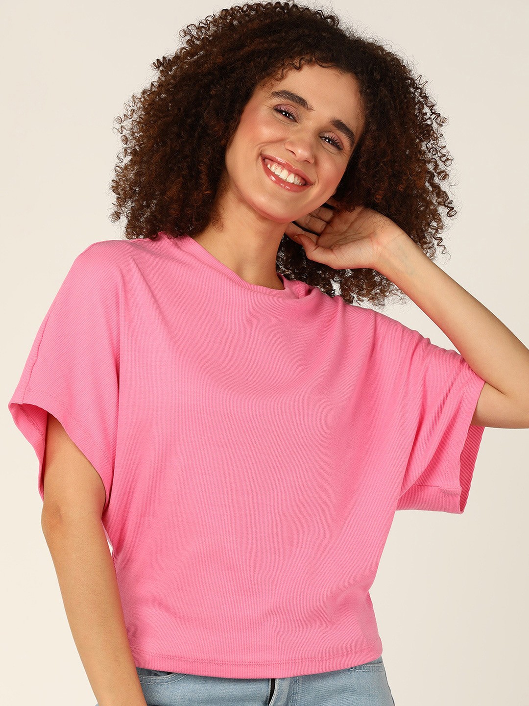 

Mast & Harbour Pink Round Neck Extended Sleeves Boxy Top
