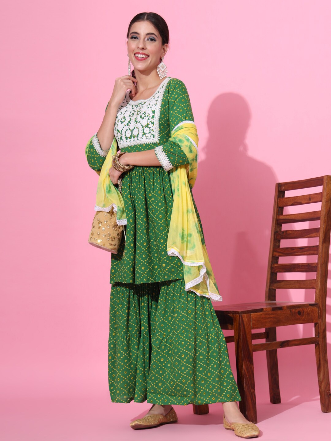 

JAIPUR PRIME Bandhani Printed Thread Work Pleated Kurta With Sharara & Dupatta, Green