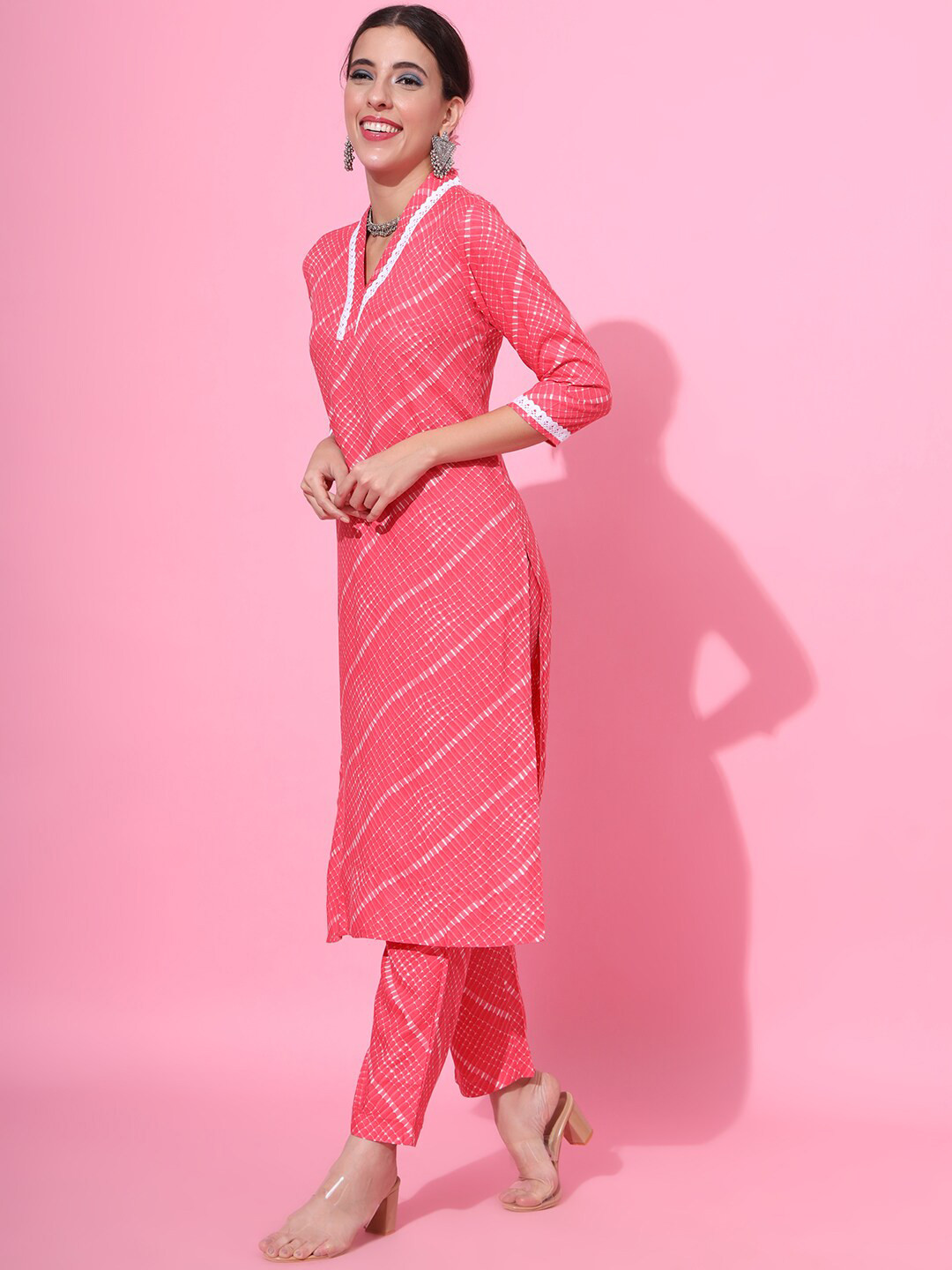 

JAIPUR PRIME Leheriya Printed Regular Kurta with Trousers, Pink