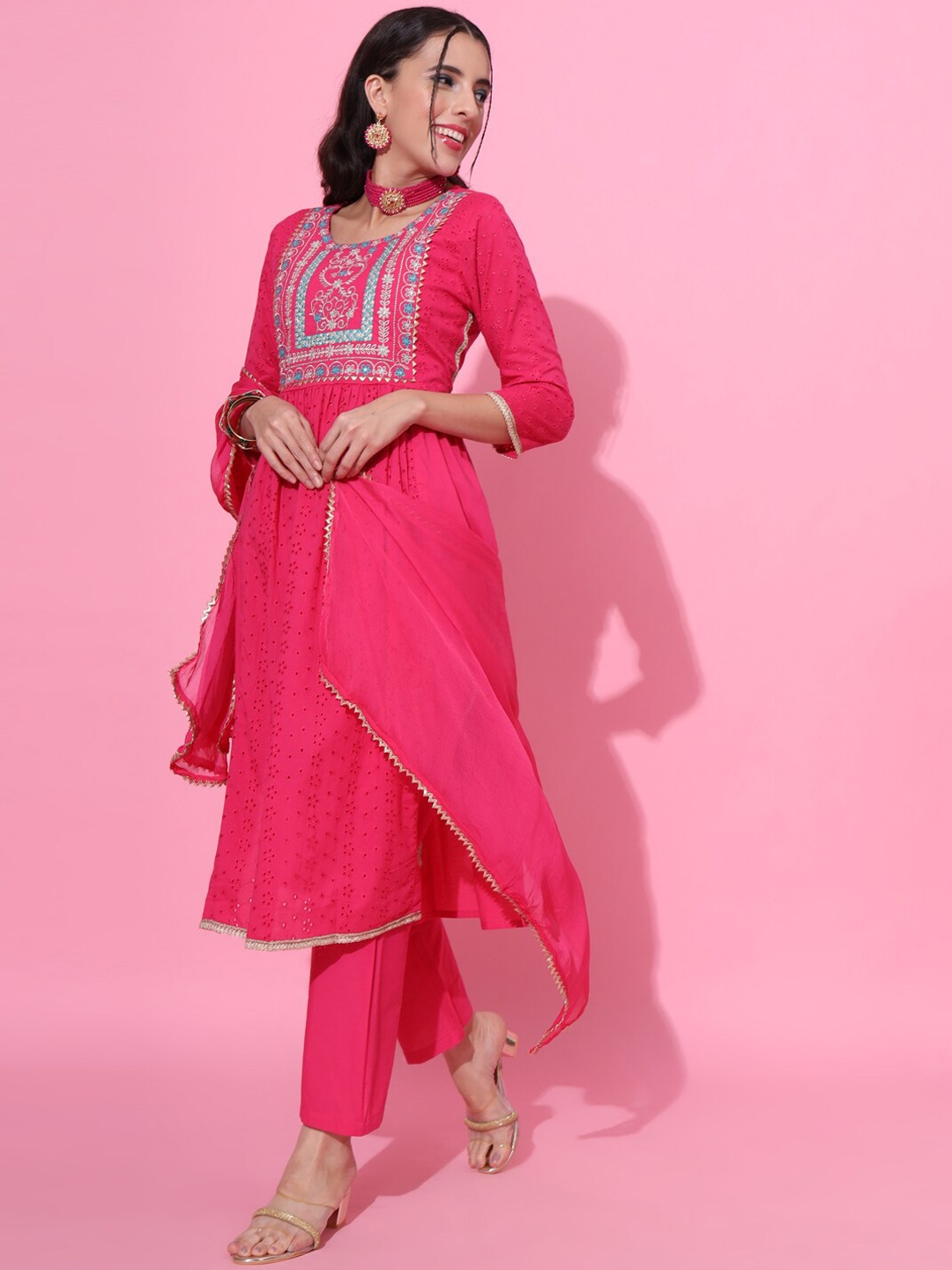

JAIPUR PRIME Floral Embroidered Empire Pure Cotton Kurta With Trousers & Dupatta, Pink