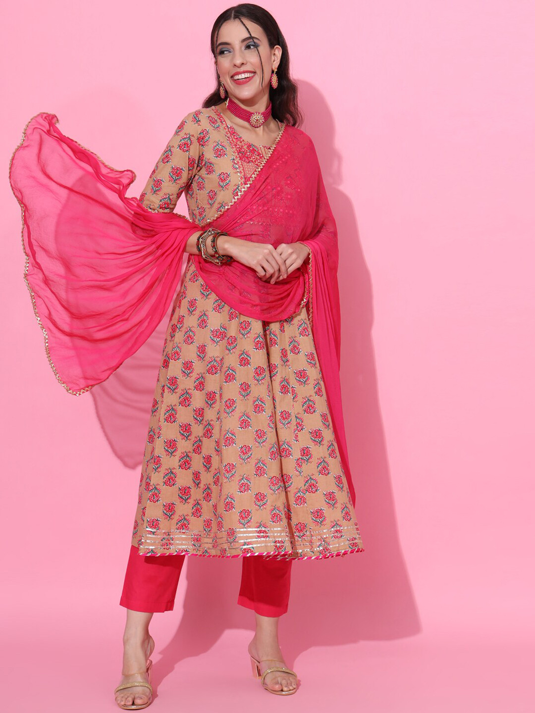 

JAIPUR PRIME Floral Printed Regular Thread Work Pure Cotton Kurta With Trousers & Dupatta, Beige