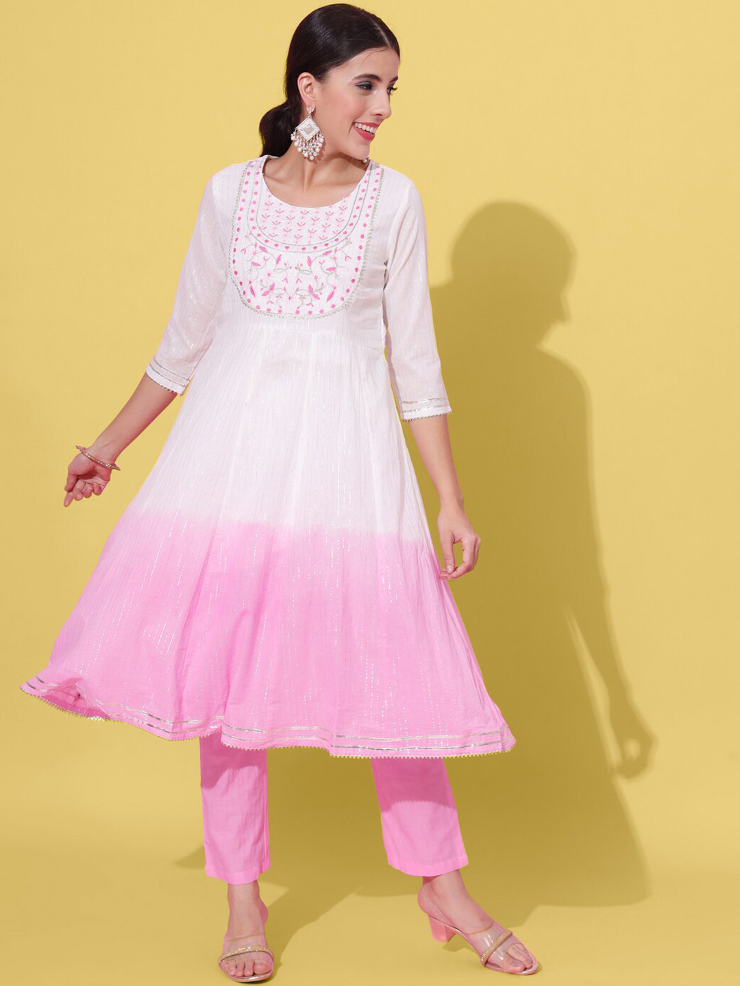 

JAIPUR PRIME Ombre Regular Thread Work Pure Cotton Kurta With Trousers & Dupatta, Pink
