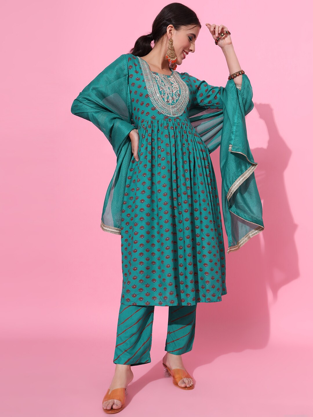 

JAIPUR PRIME Ethnic Motifs Printed Pleated Thread Work Kurta With Trousers & Dupatta, Teal