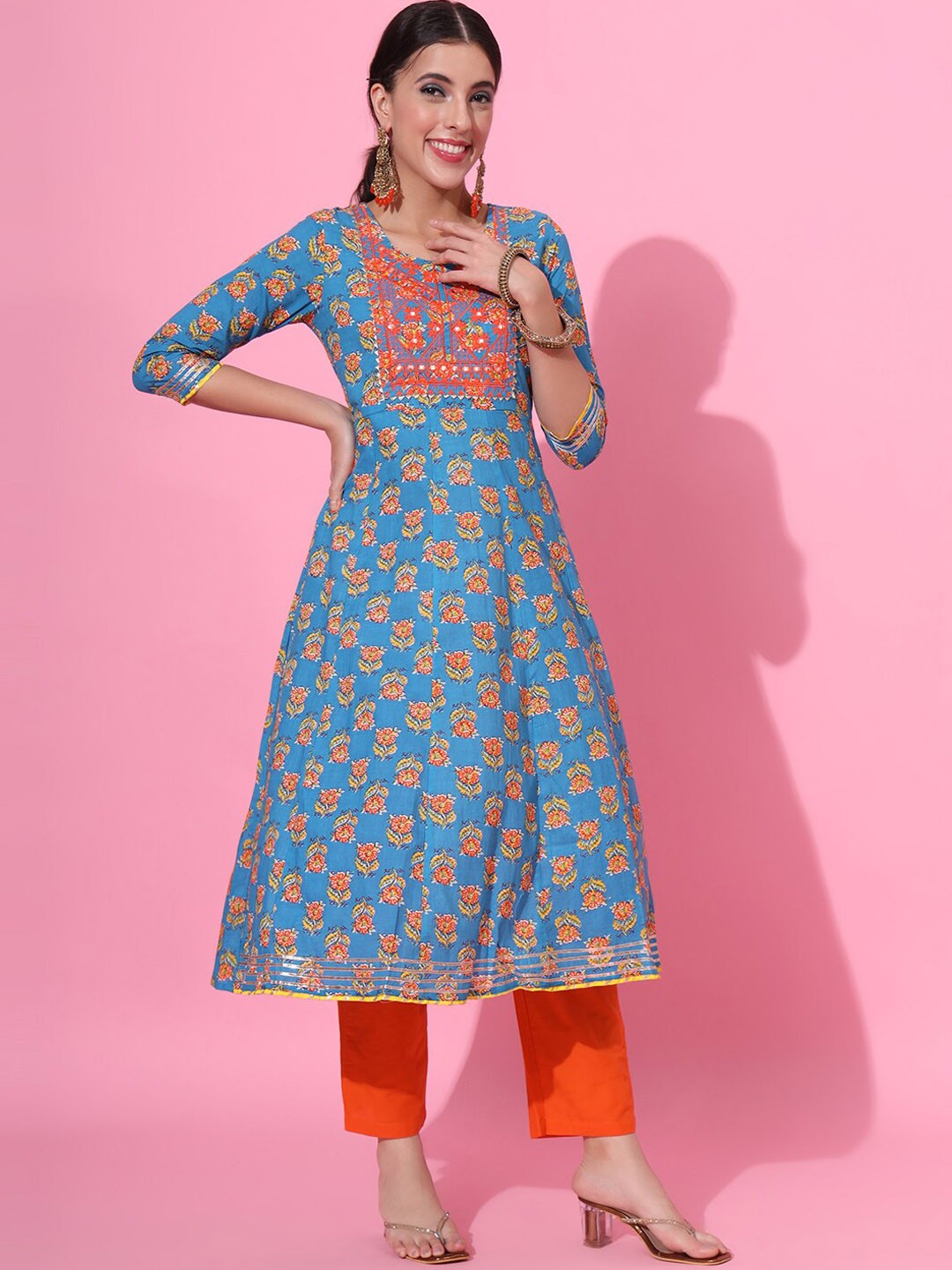 

JAIPUR PRIME Floral Printed Regular Thread Work Pure Cotton Kurta With Trousers & Dupatta, Teal