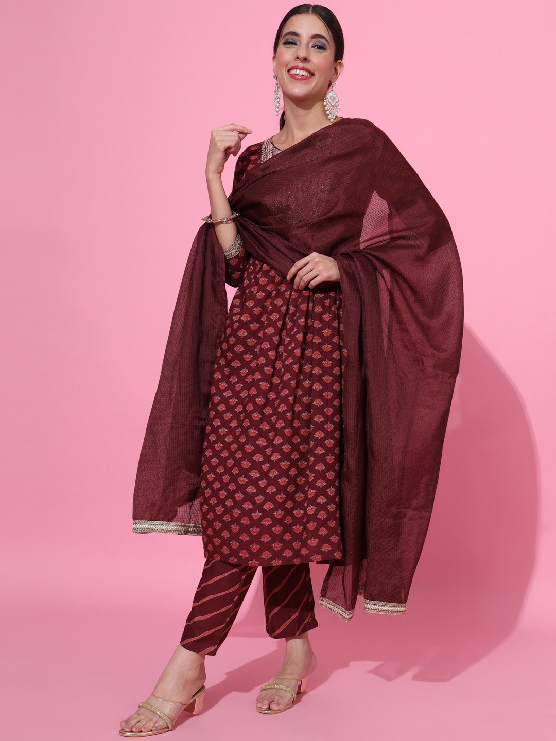 

JAIPUR PRIME Ethnic Motifs Printed Anarkali Kurta with Trousers & With Dupatta, Maroon