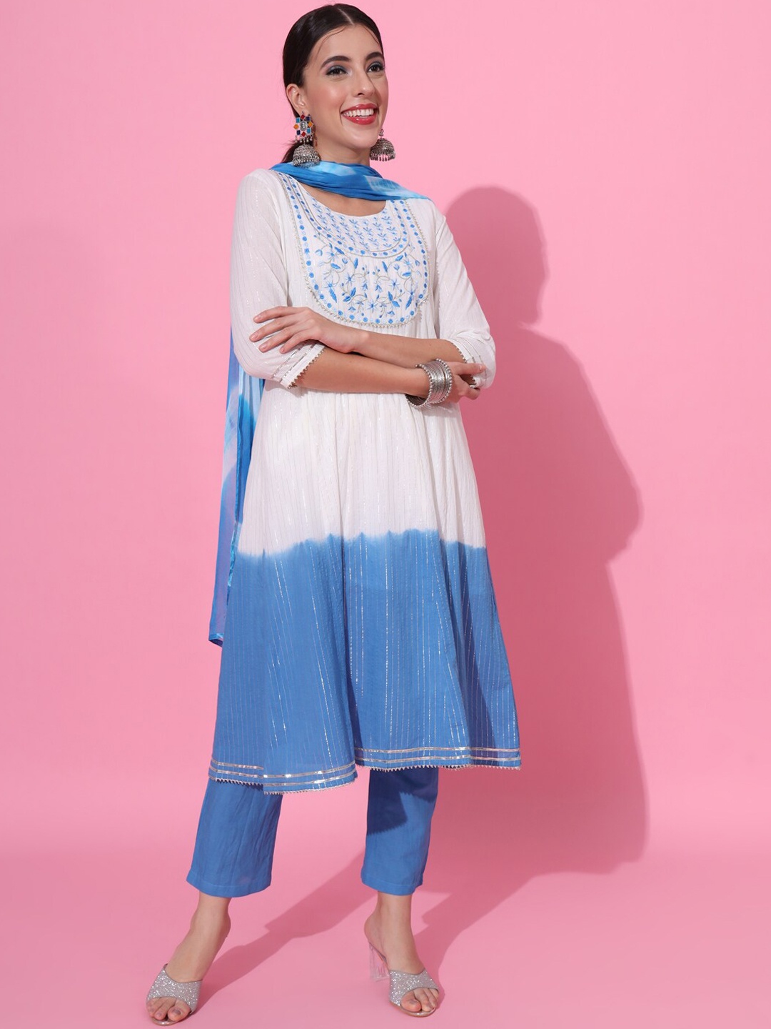 

JAIPUR PRIME Ombre Yoke Design A-Line Kurta with Trousers & With Dupatta, Blue