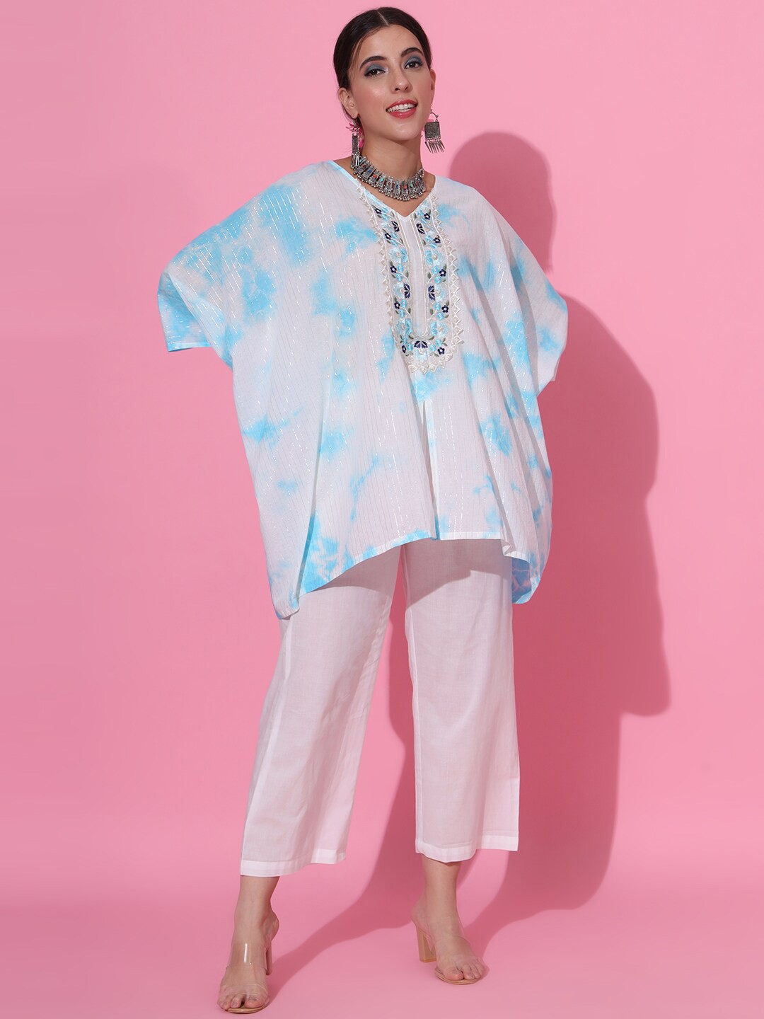 

JAIPUR PRIME Embroidered V-Neck Pure Cotton Kaftan Top With Trouser, Blue