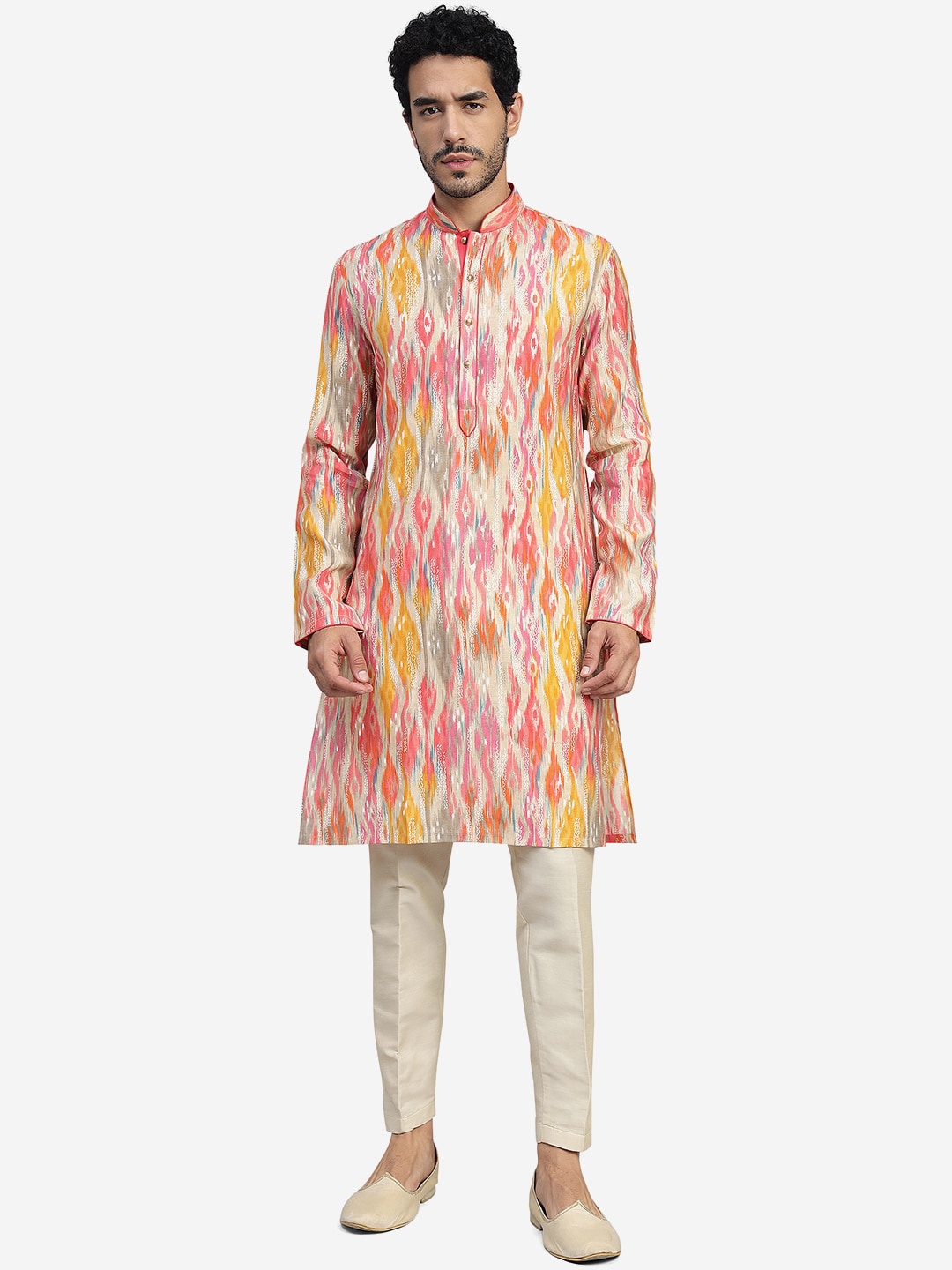 

THE KURTA COMPANY Ethnic Motifs Printed Mandarin Collar Straight Cotton Kurta, Pink