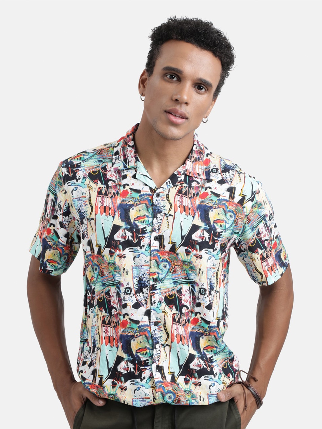 

Bene Kleed Conversational Printed Cuban Collar Casual Shirt, Off white